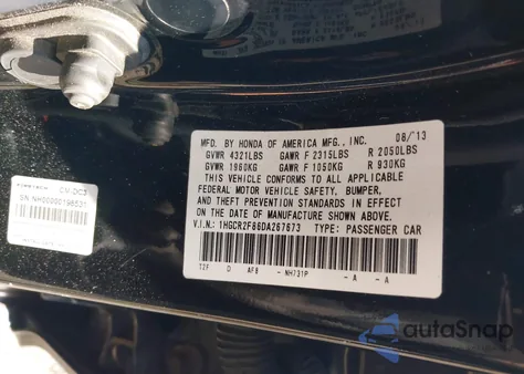 2013 Honda Accord Ex-L from USA, damaged, VIN 1HGCR2F86DA267673